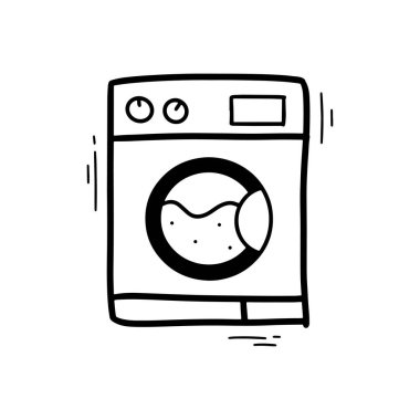 El Çekimi Çamaşır Makinesi Çizimi. Doodle Vektörü. Beyaz Arkaplanda İzole EPS 10 Vektörü