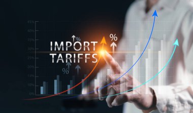 Grafik tarifeleri, ABD ithalat vergileri, ticaret pazarlık gücü inşası, ithalat vergilerini artırarak küresel ticaret savaşları ve dünya çapında ekonomileri ve borsayı etkileyen ABD vergi zamlarının yönü.