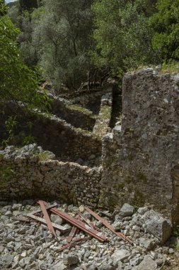 Çökmüş taş duvarları ve dağınık kireçtaşı kalıntıları ile antik kalıntılar arkeolojik alandaki bitki örtüsü arasında