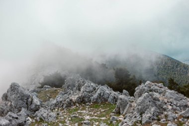 Kireçtaşı dağ oluşumları ve kısmen görünür bitki örtüsü sürüklenen sis ve bulutlar arasında