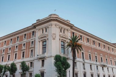 Klasik sütunları, dekoratif mimarisi ve palmiye ağacı peyzajı olan büyük kurumsal yapı