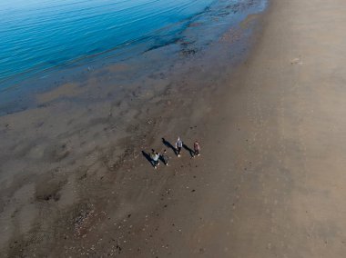 Islak kumsalda yürüyen dört kişi okyanus dalgaları ve yansıtıcı kumla hava aracı perspektifinden yakalanmış.