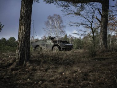 Zırhlı keşif aracı stratejik olarak orman ağaçlarının arasına yerleştirildi.