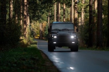 Orman yolundan yaklaşan siyah 4x4 araç ormanlık alanda ışıklandırılmış farlarla
