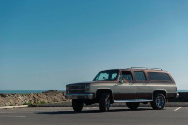 Okyanus manzaralı ve kayalık kıyı şeridinde klasik SUV vagonu.