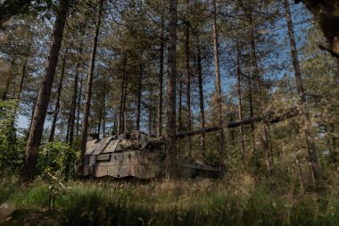 Doğal orman ortamında ustalıkla gizlenmiş, kendinden güdümlü bir havan topu.