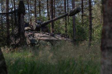 Orman taktik pozisyonunda koruyucu kamuflaj ağlı topçu havan topları.