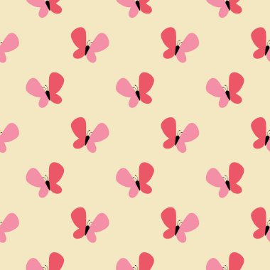 Vanilya bej arka planda yumuşak pembe ve mercan kırmızısı renkte kusursuz kelebek deseni. Minimum ve neşeli bir tasarım, çocuk ürünleri, duvar kağıtları, kumaşlar ve bahar temalı.