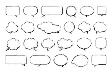Siyah kalemle ya da pastel boyayla çizilmiş konuşma baloncukları. İletişim için sevimli diyalog çerçeveleri, balonlar, bulutlar