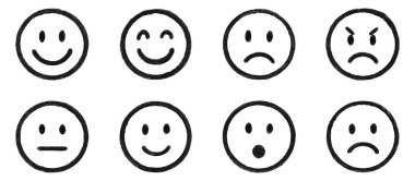 Elle çizilmiş tebeşir ya da kalem emoji yüzleri değişik ifadelerle, farklı duygularla ayarlanmış. Basit taslak biçim simgeleri