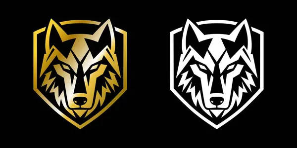 Kalkan şeklinde çerçevelenmiş bir kurt kafası. Vektör logosu. Spor, güvenlik, eğitim bölümleri, oyunlar, dövmeler için elverişli.