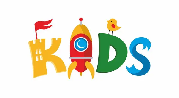 Neşeli renkli çocuk vektör logosu. Çocuk oyuncakları, kitaplar, oyun kulüpleri, çocuk bölümleri, eğlence parkları, tatiller.