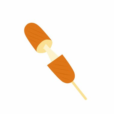 Erimiş peynirle dolu bir sosis tasviri. Izgara sosis tasviri. Peynirli sosisin düz tasarımı. Çizgi film tarzı sosis çizimi 