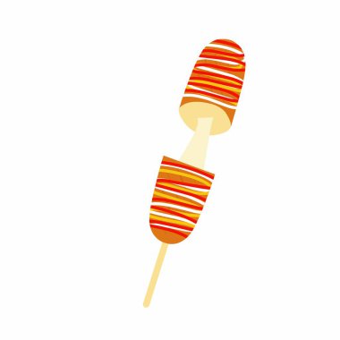 Erimiş peynirle dolu bir sosis tasviri. Izgara sosis tasviri. Peynirli sosisin düz tasarımı. Çizgi film tarzı sosis çizimi 