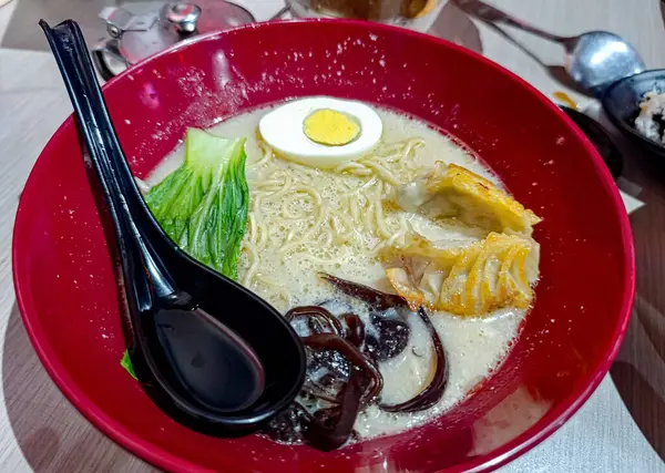 Yumuşak erişte, hamur köftesi, kaynamış yumurta ve sebzeli kremalı çorba, gıda pazarlama ve reklamcılık için parlak kırmızı bir kase içinde sunulur..