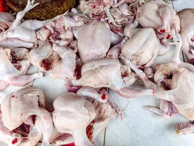 Pişmemiş, çiğ tavuk leşleri gri fayanslarla kaplı bir yüzeyde duruyor. Yiyecek endüstrisi, tarım ya da aşçılık ürünleri için ideal yakın çekim, hafif bir genel kompozisyon sergiliyorlar..