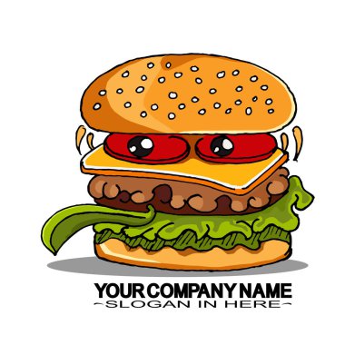Gözleri, dişleri ve dili dışarı çıkmış şirin hamburger logosu fikirleri.