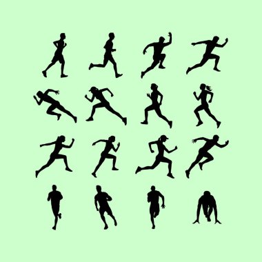 Başlangıç, sürat ve koşu dahil olmak üzere çeşitli safhalarda koşucuları tasvir eden on altı siyah siluet figürü, açık yeşil bir arkaplana karşı dizilmiş, çeşitli hareketler gösteren ve koşma sporunu temsil eden