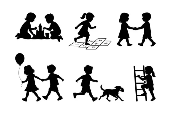 Çocuk parkı etkinliği çocukluk oyunu siluet vektörünü desteler 
