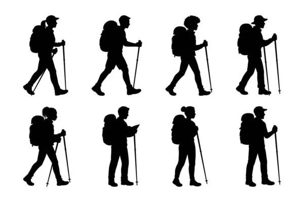 Yürüyüş Sırt Çantası Erkek ve Kadın Vektör Siluet Koleksiyonu 