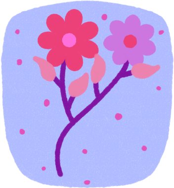 Mavi Arkaplan ve Dekoratif Mor Yapraklar Üzerine Noktalı İki Pembe Çiçek