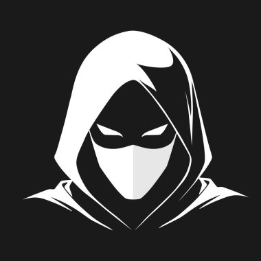 Beyaz Başlıklı Anonim Hacker ve Siyah Arkaplan Maskesi. Siber Güvenlik ve Dijital Tehdit Vektör Logosu