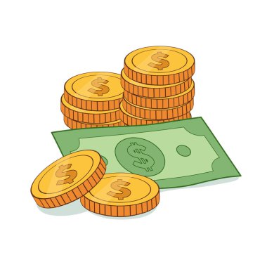 Yığınlanmış Altın Paralar ve Dolar Bill Zenginliği ve Finans Konsepti Vektör Grafikleri