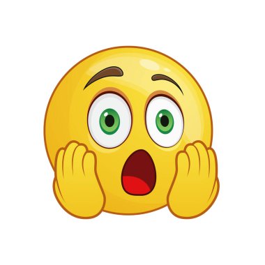 Emoji 'yi, Elleri Yanaklarda Sarı Yüzlü Vektör Sürprizi ve Şaşkınlığı ile şoke etti. Çizgi film Sarı Surat Şok ve Dehşet Gösteriyor