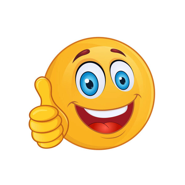 Smiling Thumbs-Up Emoji Vector Yellow Face with Blue Eyes Expressing Approval and Positivity