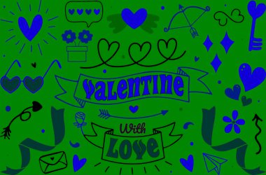 Sevgililer Günü için bir dizi romantik unsur. Farklı romantik objeler. Kalp, çiçek, bardaklar, kurdele, zarf. El çizimi stili. Beyaz izole arkaplan.