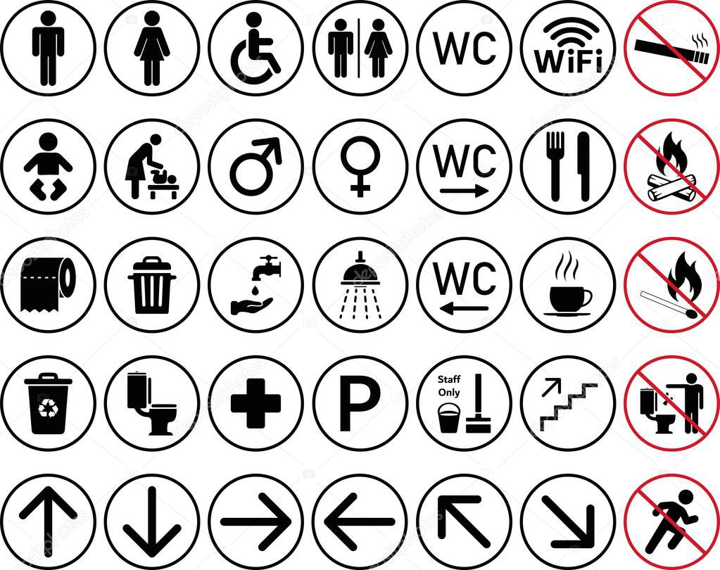 Set of Washroom, Restroom, Bathroom, Mother Baby Room Signs. Disabled, Male, Female Icons Printable sticker Vector Illustration