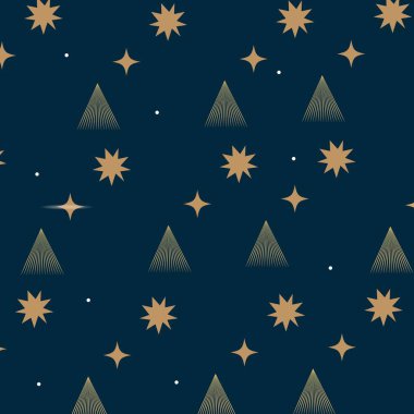 Noel ağacında kusursuz desen, mavi arka planda yıldız şeklinde geometrik elementler. Kumaş, Tekstil, Paket Kağıdı, Duvar Kağıdı için İdeal Yazdır.