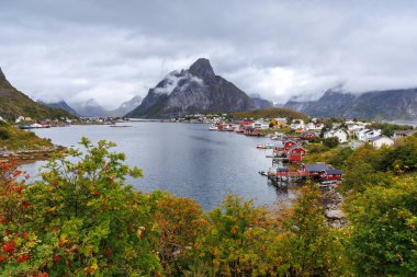Lofoten Norveç yukarıdan görüldü, Hamny, Henningsvaer, Reine.