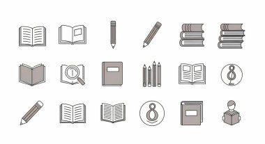Kırtasiye, defter, kalem vektör simgeleri kümesi.