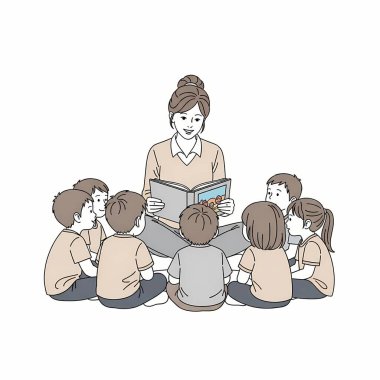 Kitap okuyan bir grup çocuğun vektör çizimi.