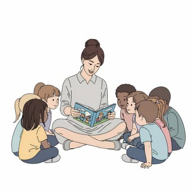 Bir grup çocuk kitap okuyor.