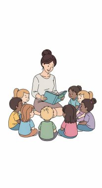 Bir kitap okuyan bir grup çocuk, izole edilmiş vektör karikatür çizimi