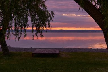 Tahta güneş yatağı ve göl kenarındaki çimenlikte söğüt ağacı, sihirli bir mor gün batımında yıkanmış. Sahne sakin, sinematik ve rahatlatıcı..
