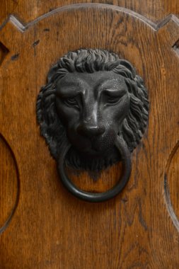Ahşap bir kapıya monte edilmiş metal bir aslan kapı tokmağının ayrıntılı yakın çekimi, karmaşık işçilik ve dekoratif tasarım sergiliyor..