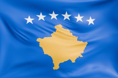 Kosova, gerçekçi kumaş dokusuyla bayrak sallıyor. Kumaş katlanır ve dalgalanır zarif tekstil hareketi yaratır, özgürlük ve kimlik için soyut pankart sembolü.