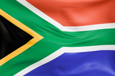 Yakın plan Güney Afrika 'da gerçekçi kumaş dokusuyla bayrak sallıyor. Kumaş katlanır ve dalgalanır zarif tekstil hareketi yaratır, özgürlük ve kimlik için soyut pankart sembolü.