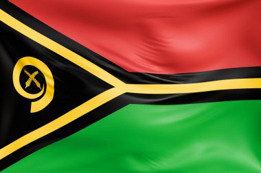 Vanuatu 'nun gerçekçi kumaş dokusuna sahip bayrak arkaplanını yakından çek. Kumaş katlanır ve dalgalanır zarif tekstil hareketi yaratır, özgürlük ve kimlik için soyut pankart sembolü.
