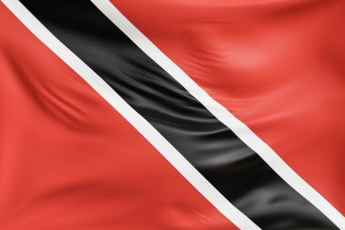 Yakın plan Trinidad ve Tobago gerçekçi kumaş dokusuyla bayrak sallıyorlar. Kumaş katlanır ve dalgalanır zarif tekstil hareketi yaratır, özgürlük ve kimlik için soyut pankart sembolü.