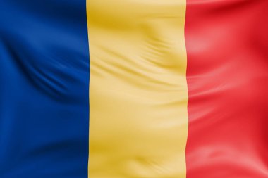 Chad 'in gerçekçi kumaş desenli bayrak sallaması. Kumaş katlanır ve dalgalanır zarif tekstil hareketi yaratır, özgürlük ve kimlik için soyut pankart sembolü.