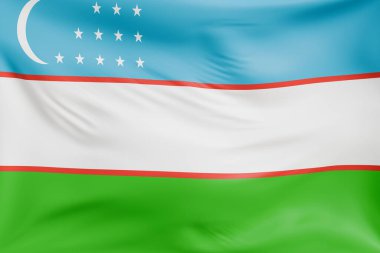Özbekistan 'ın gerçekçi kumaş dokusuna sahip bayrak arkaplanını yakından çek. Kumaş katlanır ve dalgalanır zarif tekstil hareketi yaratır, özgürlük ve kimlik için soyut pankart sembolü.