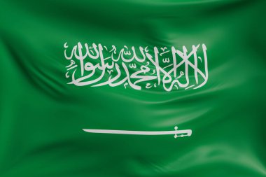 Suudi Arabistan 'ın gerçekçi kumaş desenli bayrak sallaması. Kumaş katlanır ve dalgalanır zarif tekstil hareketi yaratır, özgürlük ve kimlik için soyut pankart sembolü.