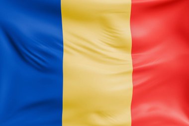 Romanya 'nın gerçekçi kumaş dokusuna sahip bayrak arkaplanını yakından çek. Kumaş katlanır ve dalgalanır zarif tekstil hareketi yaratır, özgürlük ve kimlik için soyut pankart sembolü.