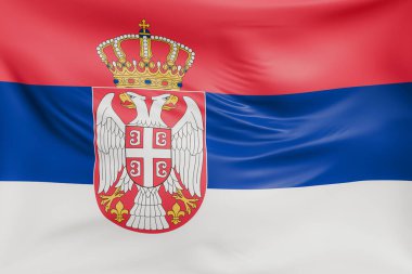 Yakın plan Sırbistan, gerçekçi kumaş dokusuyla bayrak sallıyor. Kumaş katlanır ve dalgalanır zarif tekstil hareketi yaratır, özgürlük ve kimlik için soyut pankart sembolü.