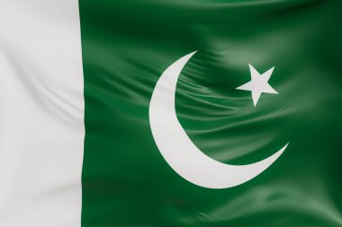Pakistan 'ın gerçekçi kumaş dokusuna sahip bayrak sallayan yakın plan görüntüleri. Kumaş katlanır ve dalgalanır zarif tekstil hareketi yaratır, özgürlük ve kimlik için soyut pankart sembolü.