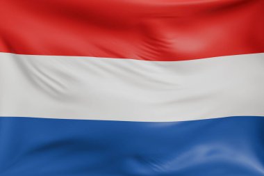 Yakın plan Hollanda, gerçekçi kumaş dokusuna sahip bayrak sallıyor. Kumaş katlanır ve dalgalanır zarif tekstil hareketi yaratır, özgürlük ve kimlik için soyut pankart sembolü.